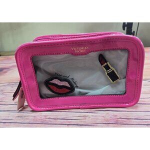Victorias Secret Pink Makeup Bag With Lipstick & Lips Embroidery